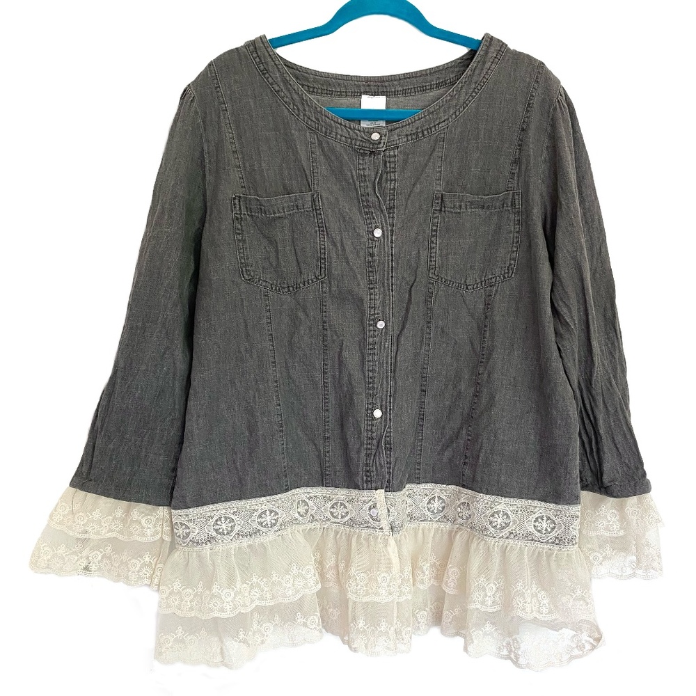 Gray Denim Layered Lace Ruffle Hem Button Down Shirt Jacket Shacket Size L